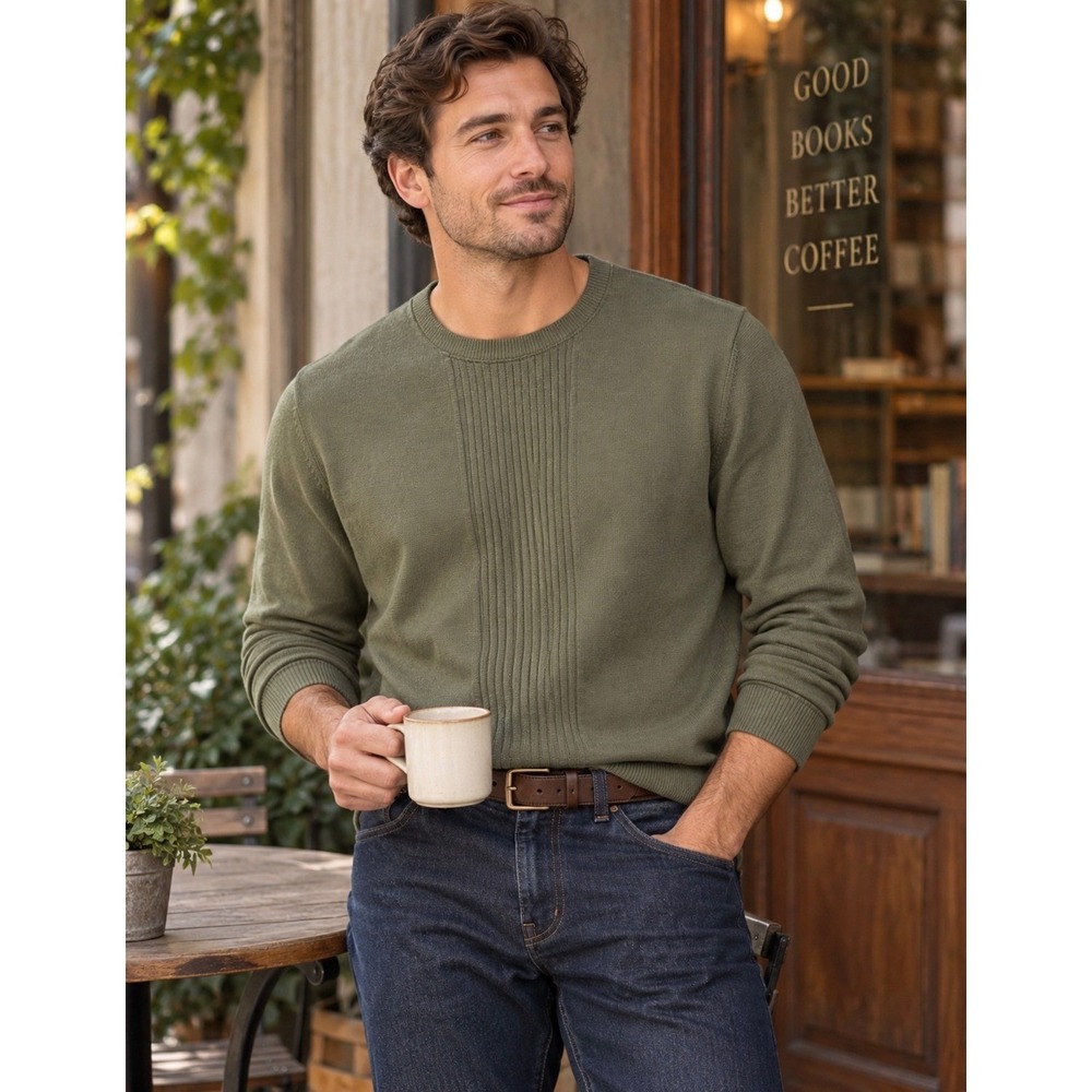 Van Heusen Men's L Olive Green Textured Long Sleeve Pullover Shirt